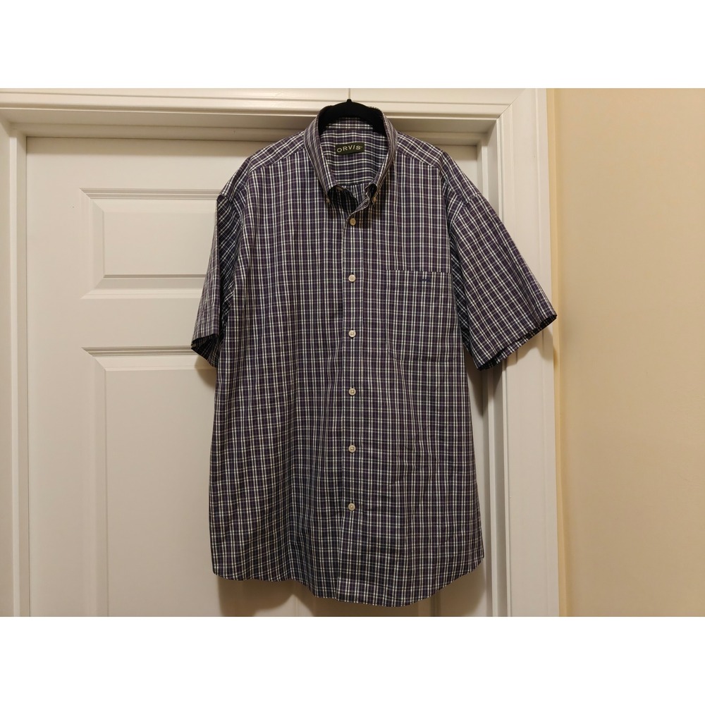 Orvis Mens XL Short Sleeve Button Down Shirt Blue White Red Plaid Cotton 80TK